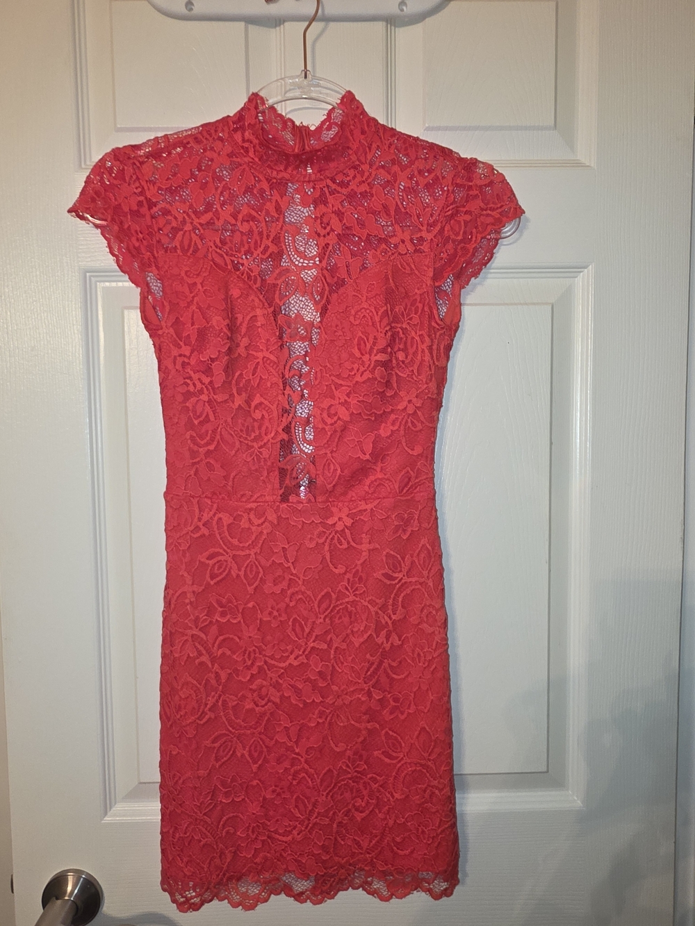 bebe Coral-Red Lace High Neck Mini Dress